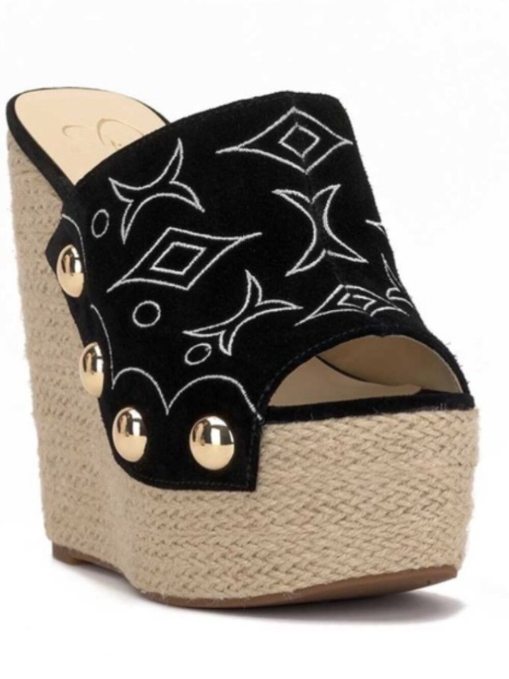 New Jessica Simpson Black Embroidered Jute Wedge Slide Sandals
